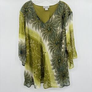 Women's Boho Beaded Flowy Tunic Top Sz 3X Green Fairy Artsy Gypsy Whimsical